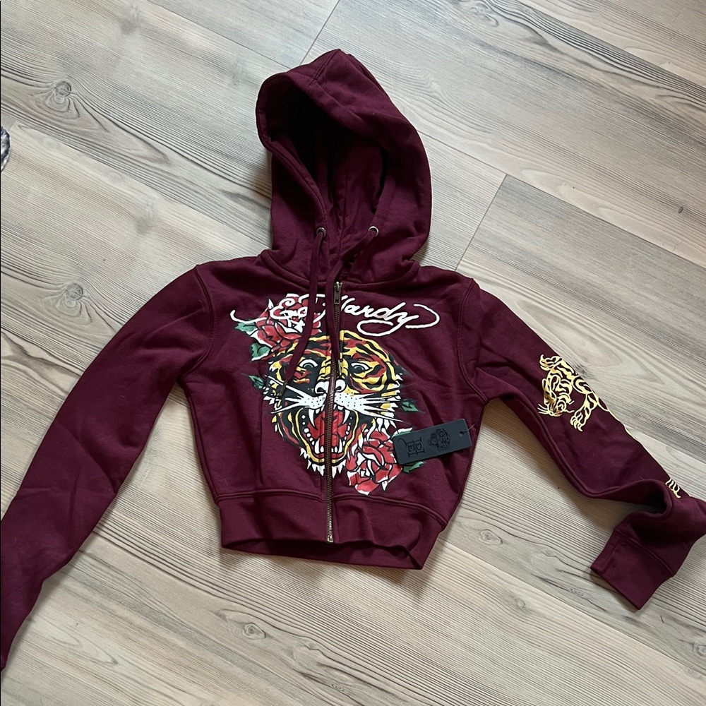 Ed Hardy Burgundy Hoodie with Tiger Design